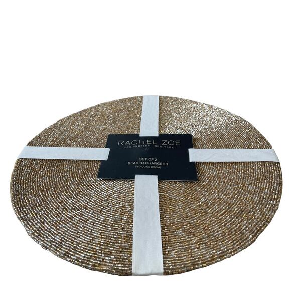 RACHEL ZOE Metallic GOLD Glass Beaded Charger Placemats 14" Round Set of 2 NEW - Picture 2 of 10
